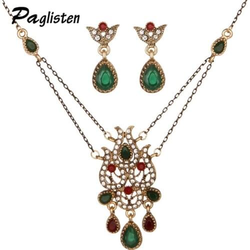 PAGlistenVintage Turkish Jewelry Sets Green Flower Pendant Colar Gold-color Princess Hooks Long Pendientes Necklace Earrings Set