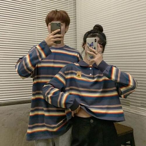 Couple Summer Korean Striped Polo Shirt Harajuku Japan High Street T-Shirt Hip Hop Punk Loose Student Shirt Funny Tops Girl