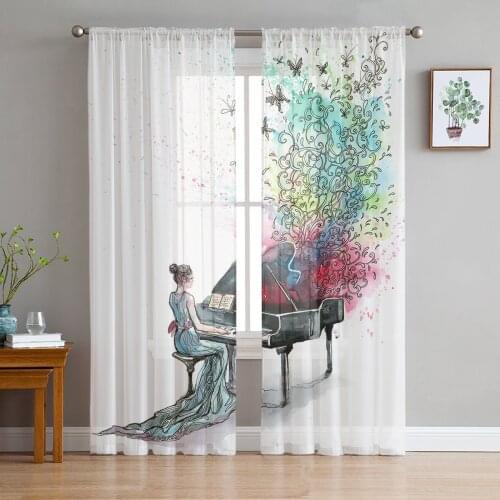 Piano Woman Music White Sheer Curtains for Living Room Bedroom Kitchen Tulle for Windows Voile Yarn Curtains for Bedroom