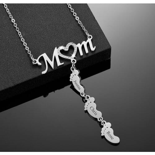 Custom Baby Feet Drop Pendant LOVE MOM Necklace Name Necklace Pendant Birthdate Personalized Inlay CZ Heart Necklaces