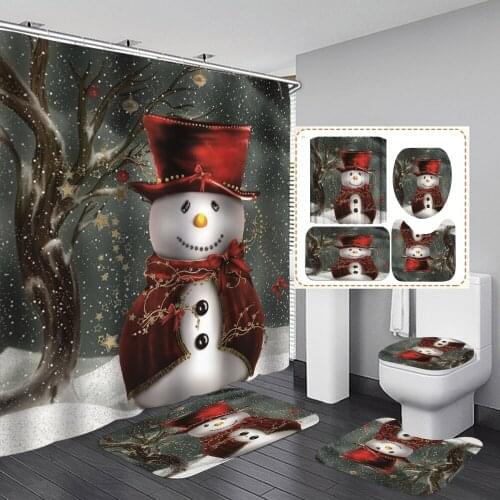 Merry Christmas Shower Curtain Bathroom Set Snowman Pattern Anti-slip Mat Pedestal Rug Lid Toilet Cover Bath Curtains with Hooks