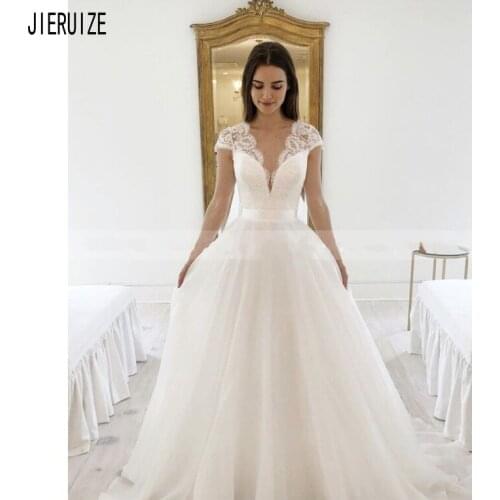 JIERUIZE Modern Wedding Dresses Cap Sleeves Deep V-neck Lace Bridal Dresses Button Back Princess Wedding Gowns Robe de mariée