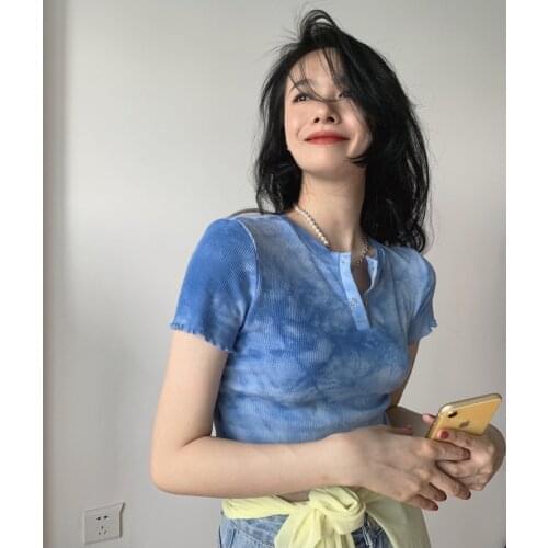 Tie Dye Crop Top Women Summer 2021 Korean Style Streetwear Casual Ruffles Shirring Short Sleeve Cropped T-Shirt Blue T626