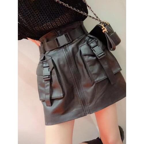 Genuine Leather Women Natural Real Sheepskin Ladies Mini A-Line Skirt Zipper Pockets Sexy Streetwear Black Plus Size XXXL