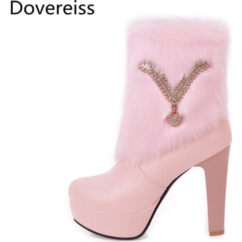 Winter For Woman New Fashion Sexy Pointed Toe Shoes Boots Pink White Zipper Block heels Waterproof Ankle Boots 34-43