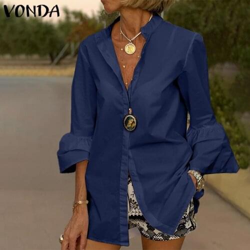 Women Solid Color Flare Sleeve Tops VONDA 2021 Spring Sexy V Neck Button Up Office Shirts Bohemian Blusas Femininas Party Blouse