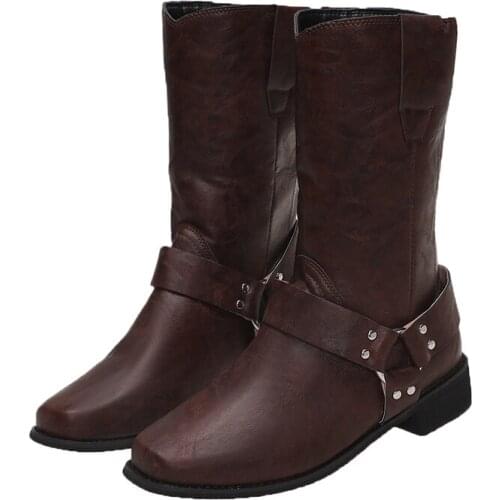 2021 Hot New Retro Mid-Calf Boots Women Shoes Autumn Winter Fashion Pu Leather Slip on Large Size Women Boots High Heels Shoes