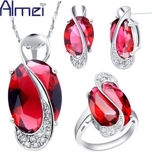 Almei 35% Off Jewelry Sets Zircon Silver ColorRing Earring Necklace Set Bijoux Red Blue Stones Crystal for Women Engagement T156