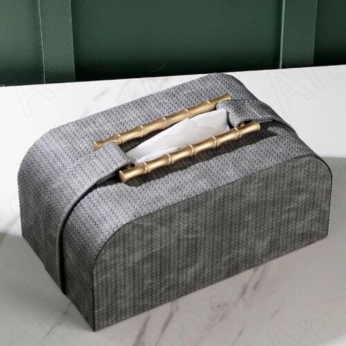 Golden Bamboo Handle Tissue Boxes Chinese Modern Creativity Wave Texture Leather Handle Paper Towel Storage Box Home Decoration
