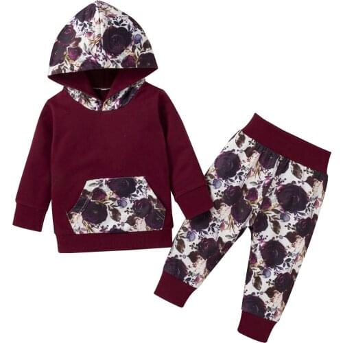 2021 6-24M Infant Baby Girl Clothes Purple Patch Long Sleeve Hooded Sweatshirt+Rose Floral Print Pants Casual Kids Fall Outfits