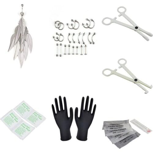 33PCS/Set Disposable Body Piercing Jewelry Tool Sets Piercing Jewelry Needles Kit Sex Belly Tongue Eyebrow Nipple Lip Nose