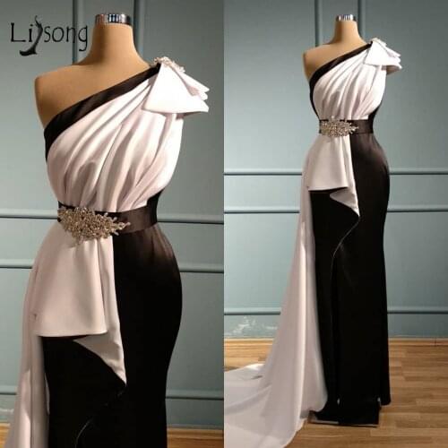 Elegant White And Black Mermaid Prom Dresses One Shoulder Long Prom Gowns Crystal Formal Dresses Abendkleider
