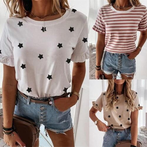 Harajuku Summer Loose Style Tops Tee Women Casual O Neck Short Sleeve Stars Stripes Print Bottoming T-shirt Female costumes