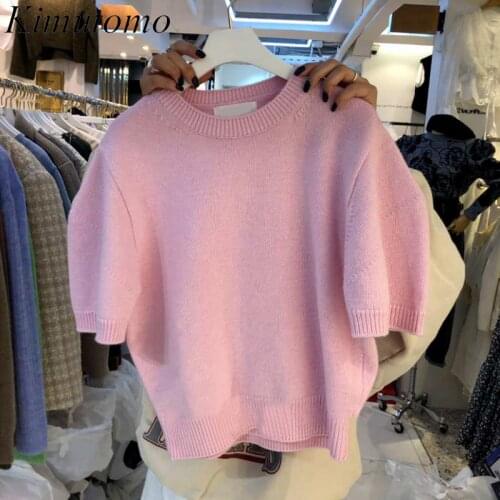 Kimutomo Sweet Pink Pullover Women 2021 Early Autumn New Korea O-neck Short Sleeve All Match Knitwear Short Sweater Elegant
