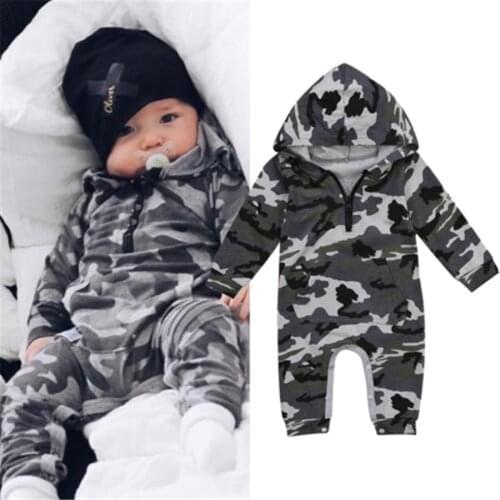 Infant Baby Boy Hooded Camouflage Romper Newborn Baby Camo Long Sleeve Warm Autumn Jumpsuit Outfit Boys Clothing