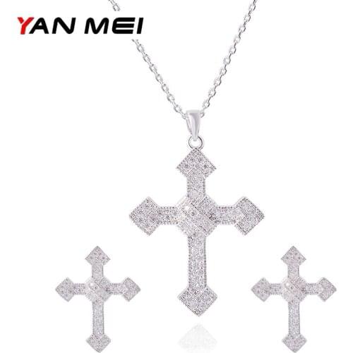 YAN MEI Fashion Christan Jesus Jewelry Set CZ Stones Cross Pendant Necklace+Earrings Sets For Party Wedding GLD0314