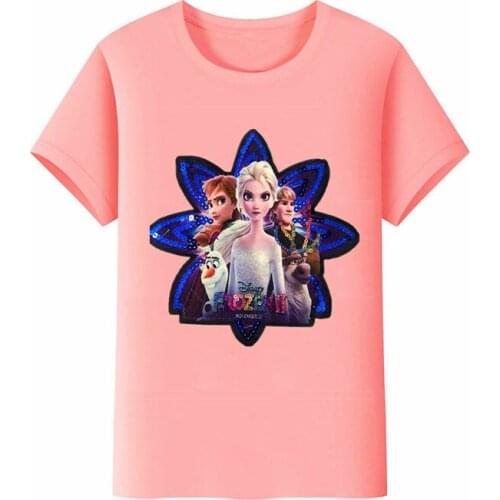 Disney summer childrens cartoon color frozen princess Alyssa Anna sequined LED girl T-shirt cotton short-sleeved top