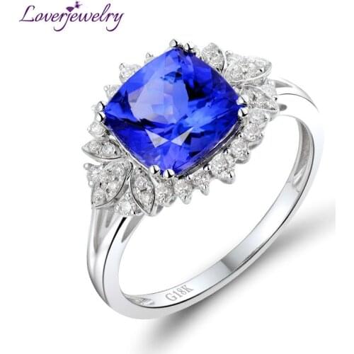 LOVERJEWELRY anillos 8x8mm Tanzanite Gemstone Diamonds Rings 18Kt White Gold Engagement Fine Jewelry For Women Anniversary Gift