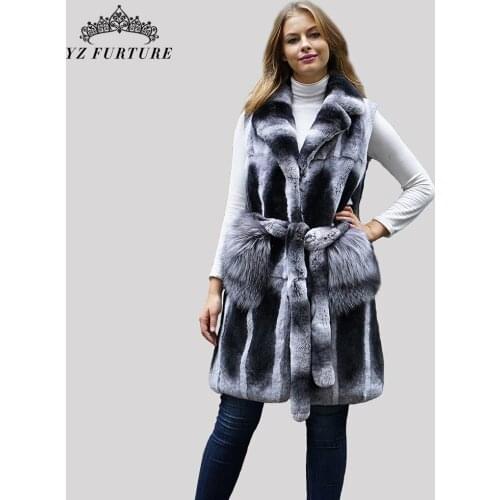 2021 New Winter Women Chinchilla Fur Vest Real Rex Rabbit Fur Thick Warm Overcoat Genuine Fur Waistcoat Fashion Long Outwear