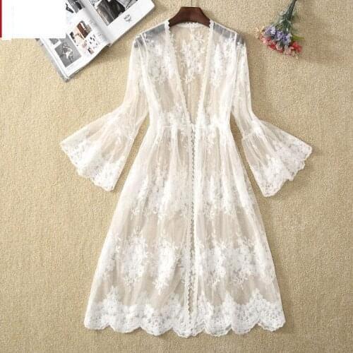 Summer Jacket Women Open Stitch Tops Loose Lace Coat Vintage Floral Print Coat Beach Sexy Top Mesh Long Jackets Female Outerwear