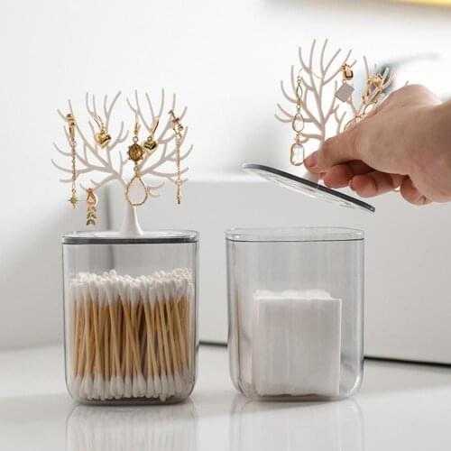 Clear Waterptoof Cotton Swab Storage Box with Tree Shaped Jewelry Shelf Lid