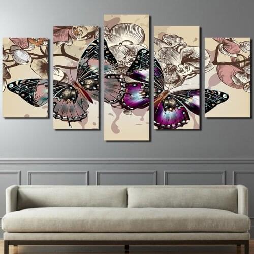Framed Abstract Modern Home Decor Canvas Print 5 Panel Butterflies Painting Wall Art Picture For Living Room Modular Picture
