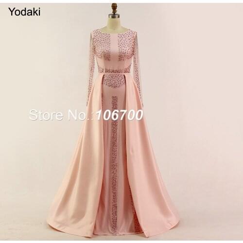 Real Photos Detachable Tail Pink Formal Evening Dresses Long Sleeves Boat Neck Hand Make Crystal Beading Long Prom Gowns Arabic