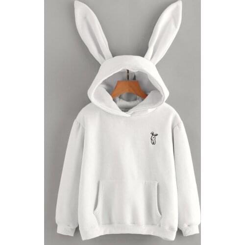 S-XL Casual Winter Warm Clothing Womens Solid White Sweatshirt Long Sleeve Pocket Kawaii Rabbit Hat Pullover Tops Bunny Hoodie