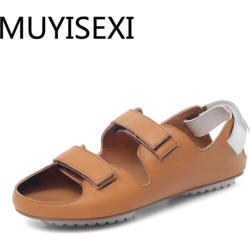 Casual sandals women handmade summer round toe 2cm low heels concise platform soft cozy daily wear hook loop HL209 MUYISEXI