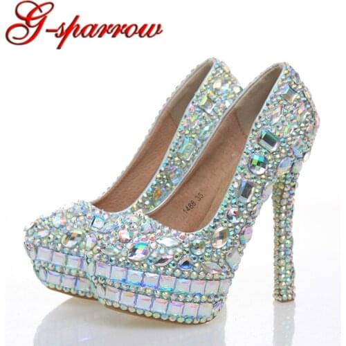Round Toe Thin Heel Crystal Bride Shoes Sparkling AB Crystal Wedding Party Prom Shoes Handamde Women High Heels Fiancee Pumps