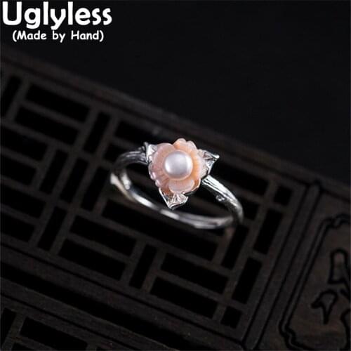 Uglyless Natural Pink Shell Floral Rings for Women 3-petal Silver Flowers Rings Freshwater Real Pearls Jewelry 925 Silver Bijoux