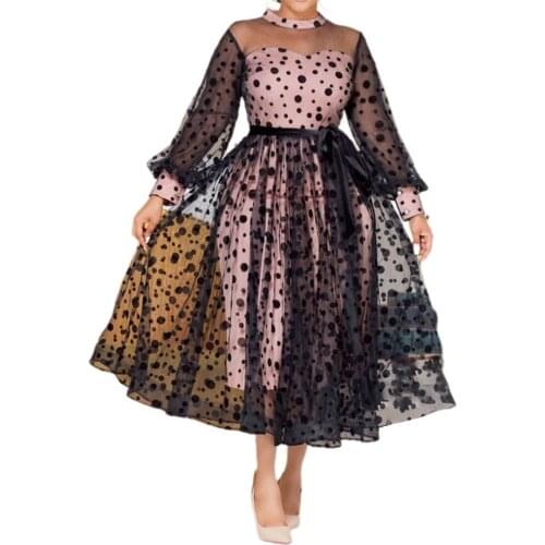 Party Princess Dress Dot Printing Mesh Stitching Summer Autumn Off Shoulder Lace-up See Through Dress Wedding Vestidos