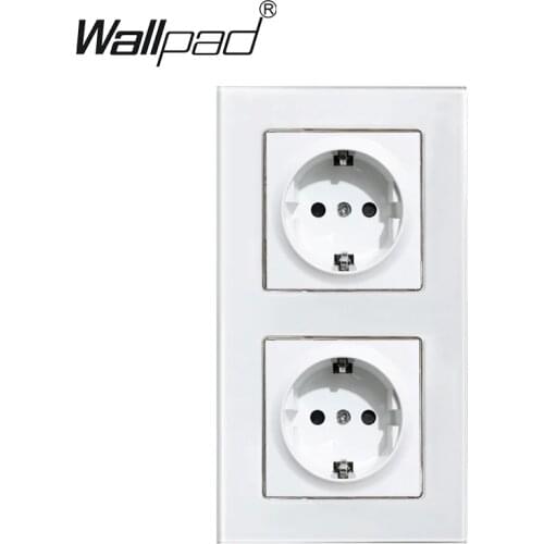 Vertical EU Schuko Socket Wallpad White Crystal Glass Panel 110V-250V Double Schuko Wall Power Socket EU with Claws Clips