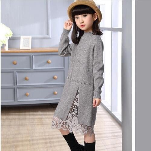 New girls kids winter sweater dress lace stitching split long turtleneck knitted kids girls long-sleeved dress party clothes