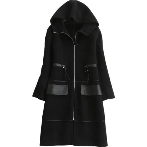 New fashion double face wool cashmere fabrics women high grade hooded long overcoat spliced sheep leather no lining S/M/L
