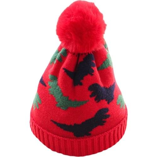 Kids Woolen Hat, Unisex Cartoon Dinosaur Patterns Knitted Hat Beanie for Autumn Winter, Red/Navy Blue/Gray/Beige