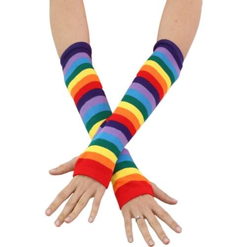 Long Cotton Rainbow Gloves Stockings Sets Striped Gloves with Thumb Holes for Costume Play and Stage Shows Gloves + Socks