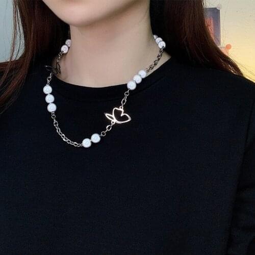 COWBREAD Personality Necklace for Women Hiphop Necklace High-end Butterfly Jewelry Stitching Pearl Womens Neck Chain