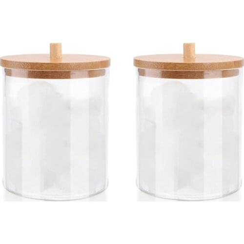 HOT-2 Pack Acrylic Holder Dispenser Bathroom Jars with Bamboo Lids, Cotton Ball Pad Round Swab Holder for Bathroom