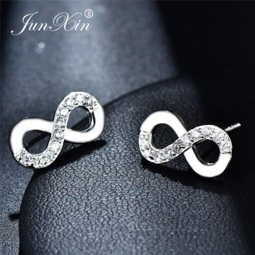 JUNXIN Female Male Letters Stud Earrings For Women White Gold Filled White Purple Blue Zircon Infinity Earring Studs CZ