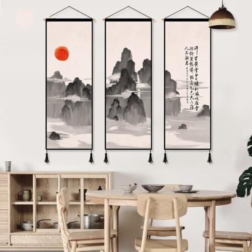 Chinese Style Wall Painting Landscape Scroll Wall Hanging Decor Canvas Decorative Painting Wood Living Room Wall Art Poster