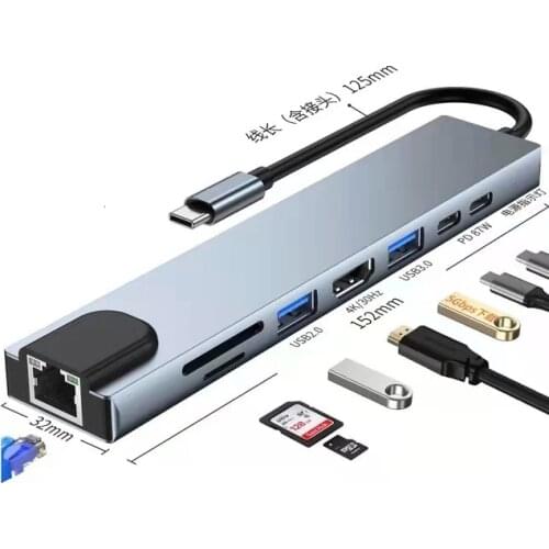 USB C Hub for Macbook Pro Display Type C Hub HDMI SD Card Readers RJ45 3.5mm 8 in 1 Adapter Dock for Huawei Samsung xiaomi vivo