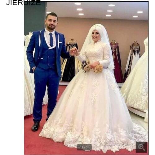 JIERUIZE Lace Appliqués Muslim Wedding Dresses High Neck Long Sleeves Wedding Gowns Bridal Dresses robe de mariage
