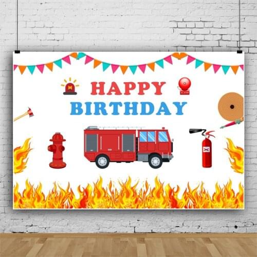 Laeacco Fire Truck Car Fireman Happy Babys Birthday Party Photophone Portrait Photographic Background Photo Backdrop Photocall
