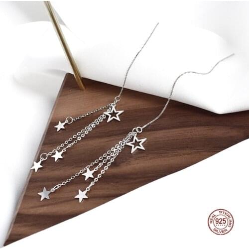 LKO 925 Sterling Silver Five-Pointed Star Earrings Long Tassel Pendant Earring for Women Birthday Party Jewelry Accessories