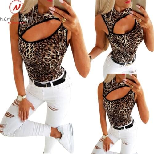 Sexy Women Summer Leopard Print Tanks Top for Streetwear Hollow out Design O-Neck Sleeveless Slim Pullovers Top