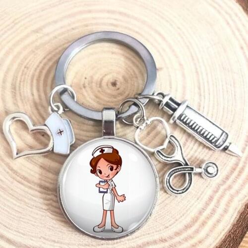 New/high quality 1 piece nurse medical syringe stethoscope image keychain glass cabochon and glass dome key ring pendant gift