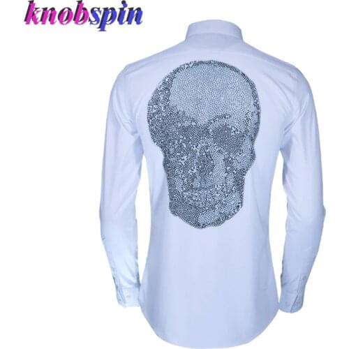 Crystal Skull men Shirt Square collar Full sleeve Slim Casual shirts male high quality 100% pure Cotton clothing Camisa