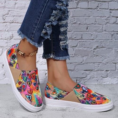Plus Size Women Flats 2021 Heart Shaped Doodle Shoes Women Low Cut Casual Shoes Ladies Canvas Flat Loafers Zapatillas De Mujer