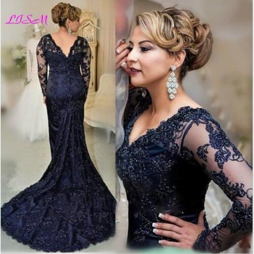 Charming Dark Navy Lace Mermaid Long Sleeves Mother of the Bride Dresses Elegant V-Neck Wedding Party Gowns